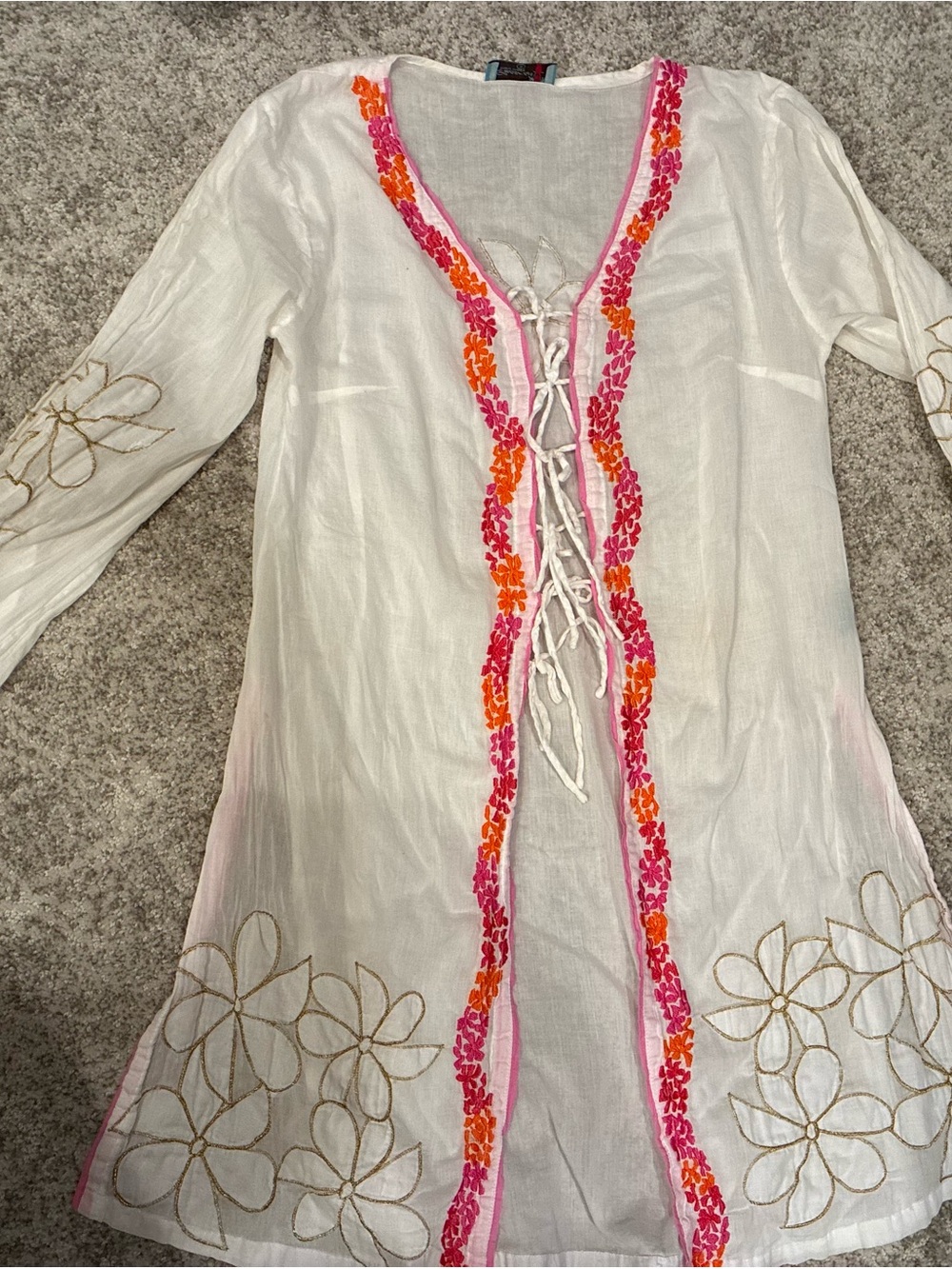 Letarte White Swim Coverup with Pink & Orange Embroidery